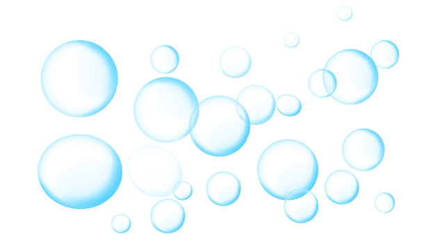 A cluster of transparent blue bubbles floating on a clean white background creating a sense of serenity and freshness