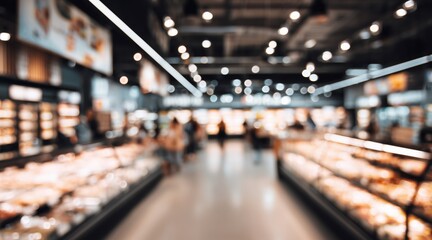 Obraz premium Blurred interior modern supermarket with display cases and people