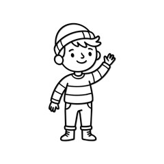 Fototapeta premium Cute cartoon boy in winter hat waving hello, black and white outline drawing.