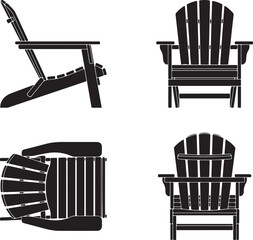 Naklejka premium adirondack chair silhouette icons set side, front, back, and top views vector art illustration