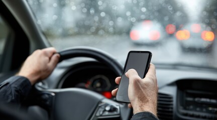 Naklejka premium Man using smartphone while driving car in rainy traffic