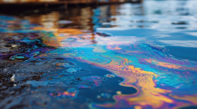 Rainbow iridescent oil slick on blue water surface
