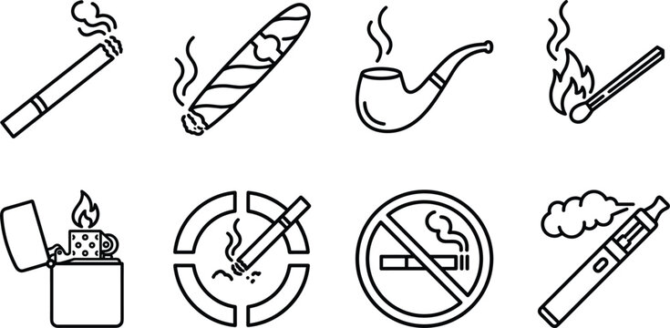 Smoking and tobacco icons set with cigarette cigar pipe lighter vape no smoking sign and fire symbols vector illustration