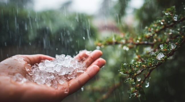 Hand holding hailstones during hailstorm in garden