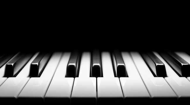 Close up of piano keys in dramatic lighting with black background
