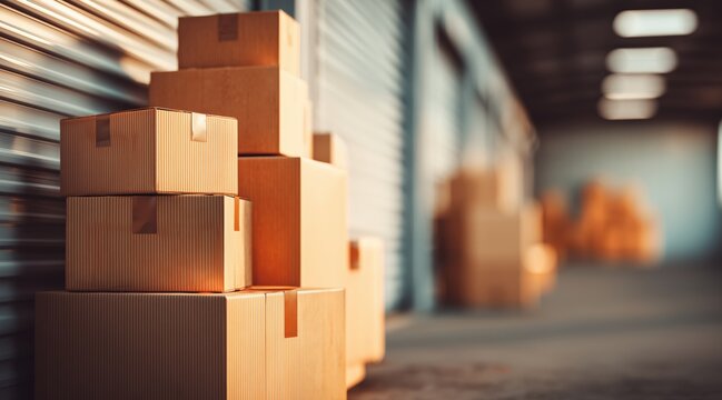 Stack of cardboard boxes in front of storage unit door in warehouse