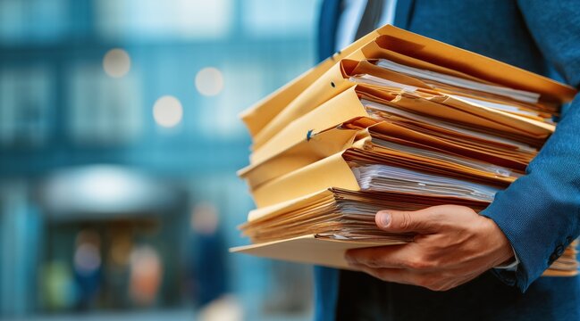 Businessman in blue suit carrying heavy stack of manila folders in front of office building