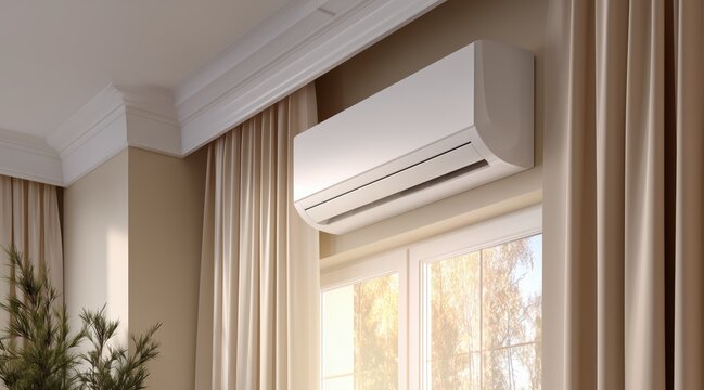 White air conditioner unit mounted on wall above window in bright room