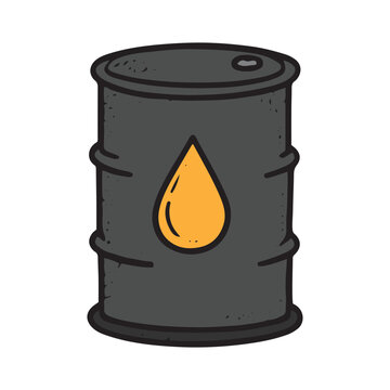 Hand-drawn color illustration of an oil barrel with a yellow drop symbol