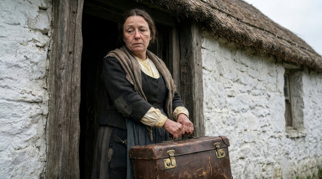 19th Century Rural Woman Visitor with Travel Suitcase at Cottage Door