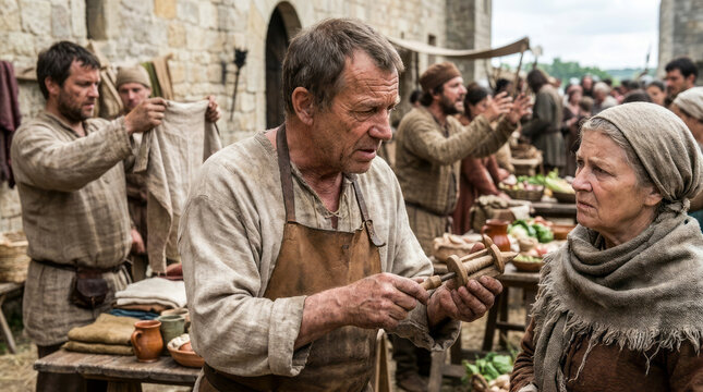 Medieval European Market: Craftsmen, Peasants and Merchants Trading