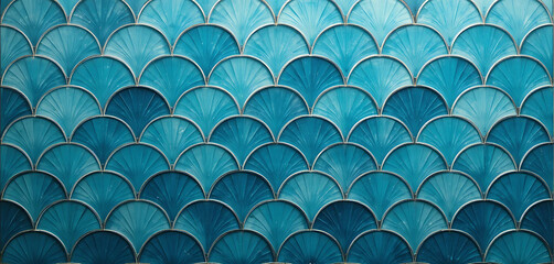 Obraz premium Blue semicircle pattern, gradient scales with silver outline