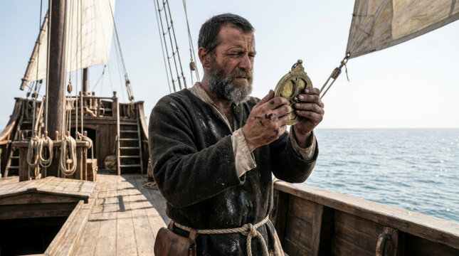 Portuguese Navigator Using Astrolabe on Ship Deck - Age of Discovery