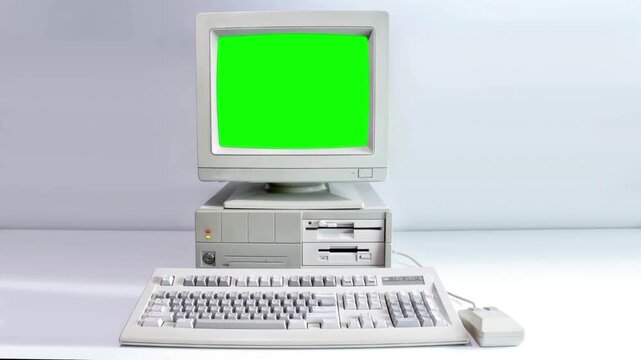 Retro 90s Personal Computer Booting Up with Green Screen Mockup