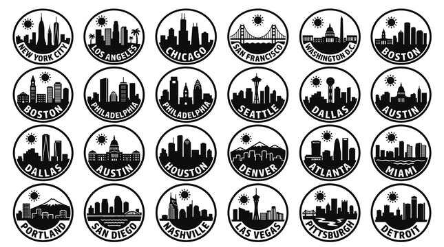 world cities, city skyline, skyline, travel, icons, icon set, badge, set, cityscape, urban, landmarks, travel icons, global cities, skyline set, round icons, circle badges, minimal, line style, outlin