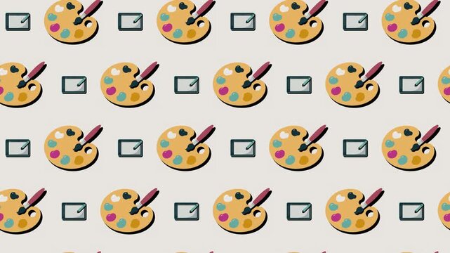 Graphic Tablet and Color Palette Seamless Pattern Background, digital art and creative design concept.