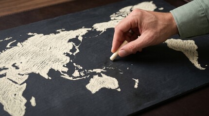 Naklejka premium Person's hand drawing a world map with chalk on a dark surface showing continents