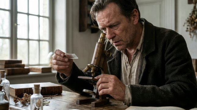 17th Century Scientist Observing Microorganisms Through Simple Microscope by Window