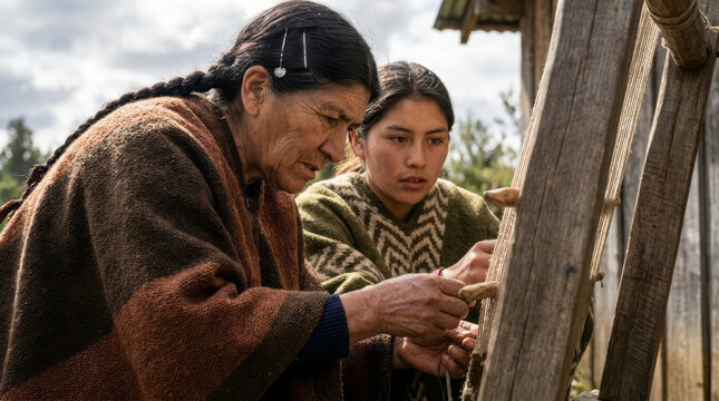 Mapuche Women Weaving Traditional Textiles on Wooden Loom