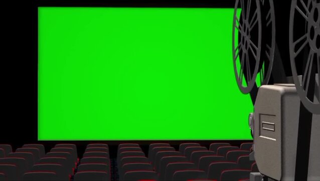 Vintage Movie Projector in Empty Cinema Theater with Green Screen Background