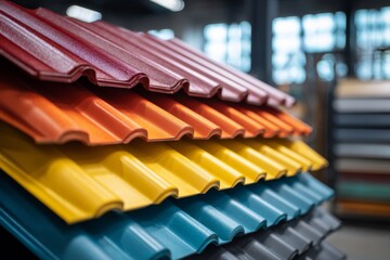 Fototapeta premium Colorful Metal Roofing Tiles Stacked in a Showroom Display for Building and Construction Needs in High Resolution