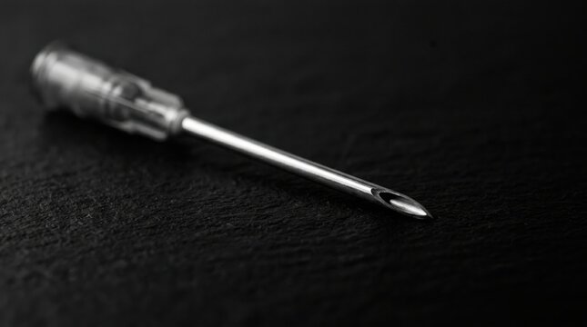 Hypodermic Needle Precision: A macro shot of a hypodermic needle displaying precise engineering, highlighting sharpness on black backdrop creating visual intrigue.