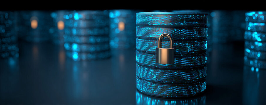Animated database stack with lock and scanning security lines 32k ultra HD