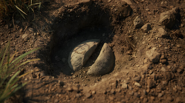 A cracked, ancient stone artifact partially buried in dry, dusty earth with sparse vegetation.
