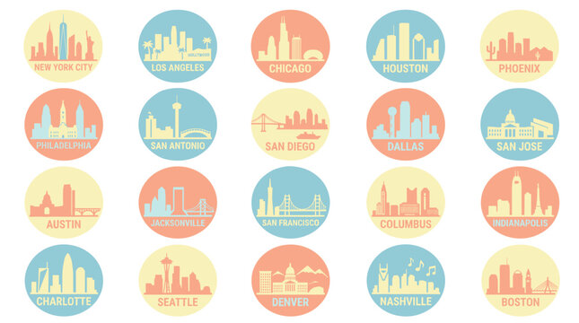 pastel USA city skyline badge icon set, minimalist round vector logos with American cities in soft flat style on white background