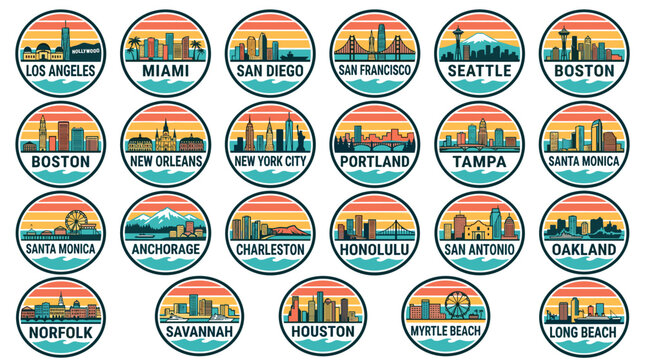 colorful USA city skyline badge icon set, retro sunset round vector logos with American cities on white background