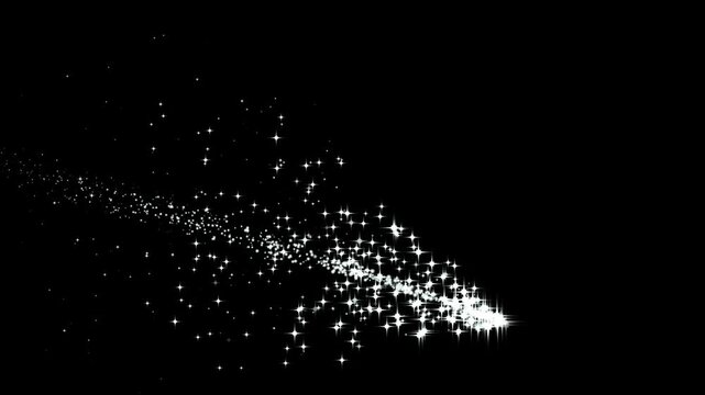 Magical twinkling light lines with twinkling stars and fairy dust glow on black background, white glittering particle trail animation, seamless loop 4K magical light effect.