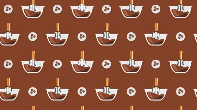 Chocolate Brownies and Whisking Bowl Seamless Pattern Background, baking and dessert preparation concept.