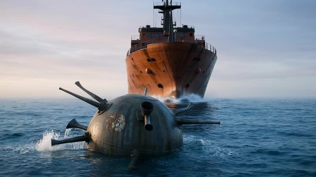 A large vessel sails towards a spiked naval mine floating in the ocean, capturing a moment of extreme maritime peril and high-stakes tension on the open water.