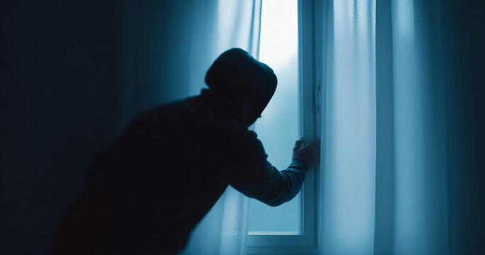 Silhouette of person peeking through window curtains