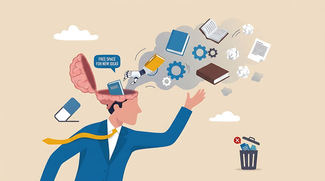 Surreal conceptual illustration of a professional businessman discarding outdated books from his open head to erase old knowledge and create free mental space for learning new information.