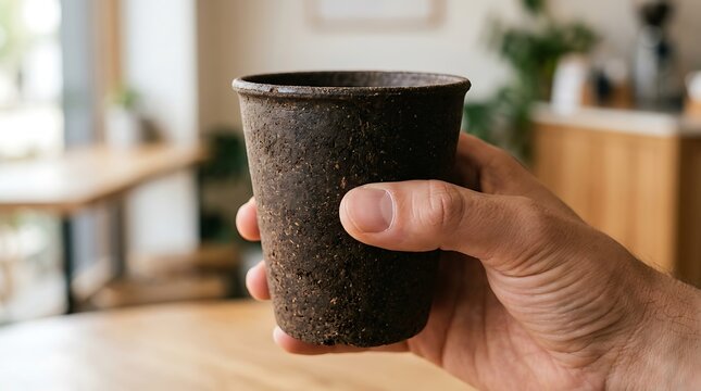 Hand holds unique biodegradable cup, showcasing an eco-friendly and sustainable alternative for beverages, promoting responsible consumption and environmental care in a casual setting