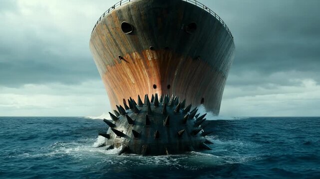 A massive industrial ship navigates the open ocean, its bow featuring a unique, spiked spherical design that resembles a sea monster's mouth as it cuts through the crashing waves.
