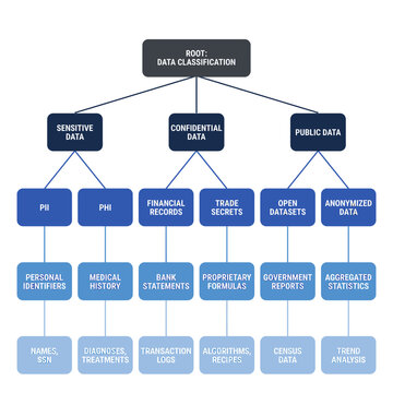 A detailed infographic illustrating the classification of data into sensitive confidential and public categories with various subcategories