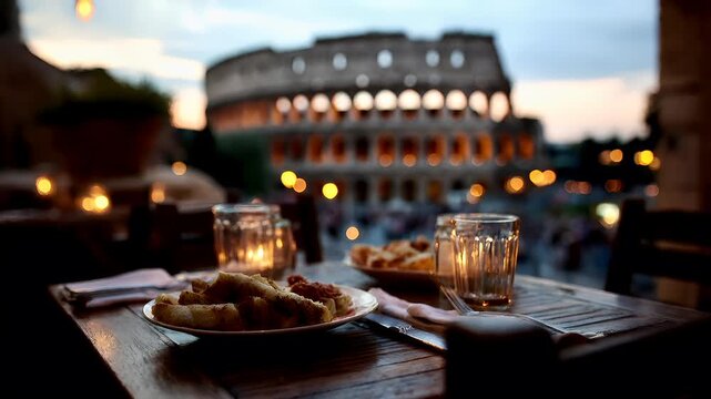 Outdoor caf bar restaurant. A vivid outdoor dining scene at dusk, with the Colosseum in the background illuminated by warm, golden light. The foreground features a wooden table with a plate of food.