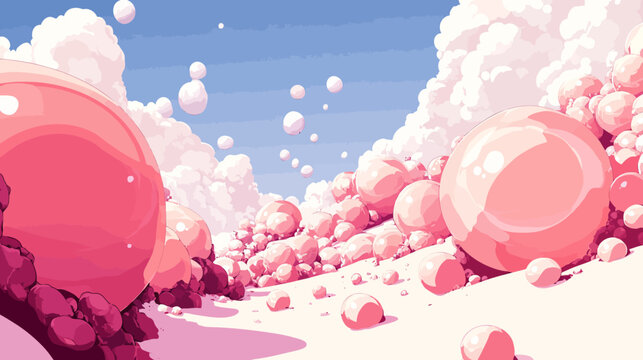 Pixelated artwork showcasing a pink landscape of spheres with fluffy clouds in a blue sky
