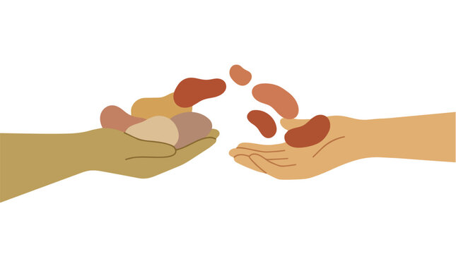 Minimalist flat illustration of two hands sharing food portions or seeds during Eid al-Adha celebration representing charity and sacrificial giving