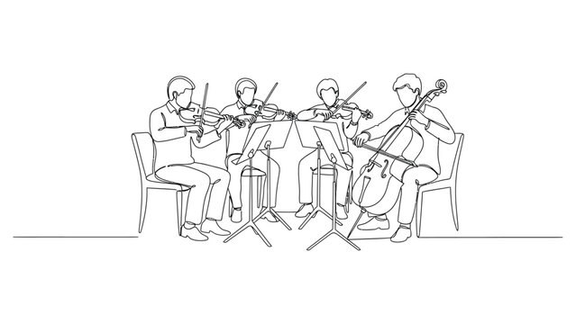Four musicians playing string instruments together.