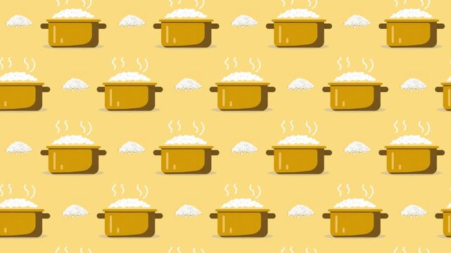 Steaming Rice Pots and Rice Heaps Seamless Pattern Background, staple food and cooking concept.
