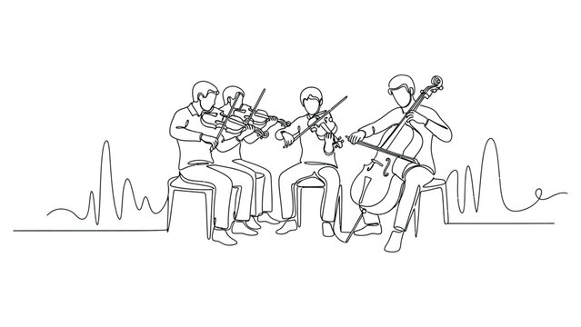 Continuous line drawing of musicians playing instruments.