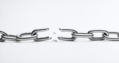 Fototapeta premium Broken metal chain links snapping under tension isolated on white background representing freedom