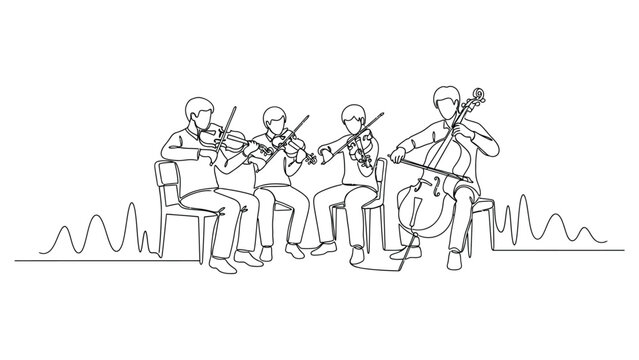 Continuous line drawing of musicians playing instruments.