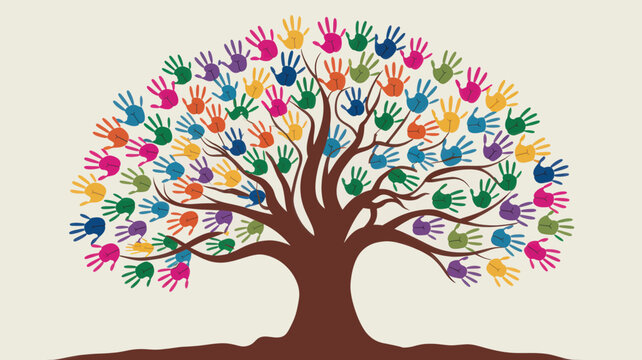 Diverse colorful handprint illustration forms a vibrant tree of life, representing unity, community, and growth in a creative design