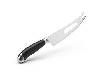 Obraz premium Professional stainless steel cheese knife with ergonomic black handle isolated on white background