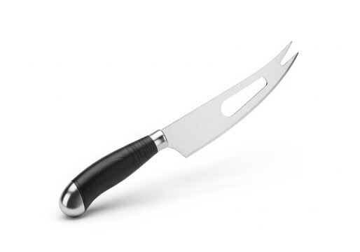 Professional stainless steel cheese knife with ergonomic black handle isolated on white background