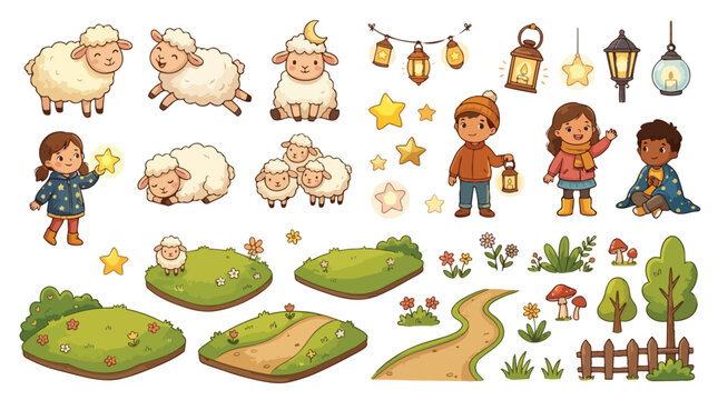Kawaii Eid al-Adha illustration set featuring cute sacrificial sheep lambs children with lanterns stars crescent moon and nature landscape elements